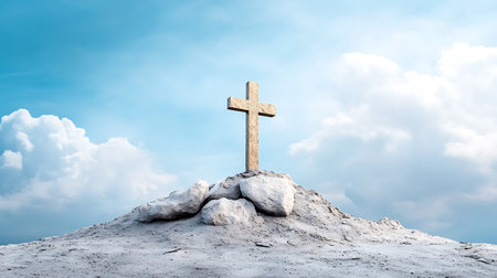 Wooden cross on top of a rock against blue sky with cloudsの写真素材