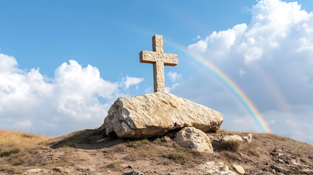 Cross on the top of a mountain with a rainbow in the skyの写真素材