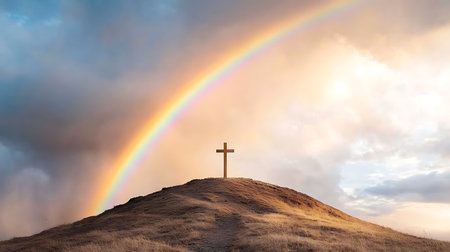 Cross on a hill with a rainbow in the sky. 3d renderingの写真素材