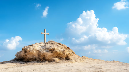 Cross on the beach with blue sky and white clouds in the backgroundの写真素材