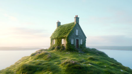 Lonely house on the island in the sea. 3d render