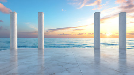 3d render of white columns on the seashore at sunsetの写真素材