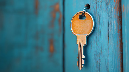 Key on blue wooden background. 3d illustration.の写真素材