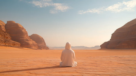 A man in a white robe sits in the middle of the desert.の写真素材