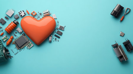 3d illustration of red heart surrounded by computer components on blue backgroundの写真素材