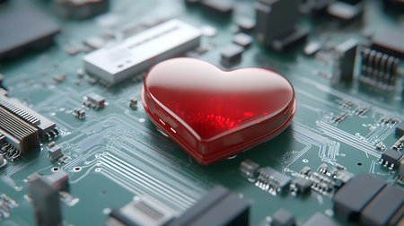 Close up of a red heart on the motherboard of a computer.