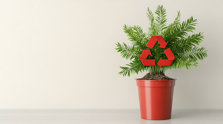 Red recycle sign on a plant pot on a white background. 3d renderingの写真素材