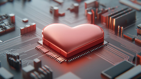 Red heart on the motherboard. 3d rendering. Computer digital drawing.の写真素材