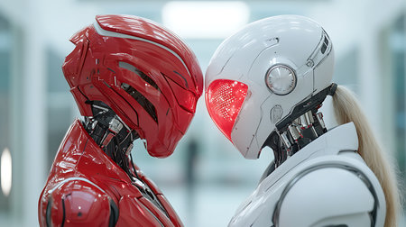 Two female robots standing in a row and looking at each other. 3d renderingの写真素材