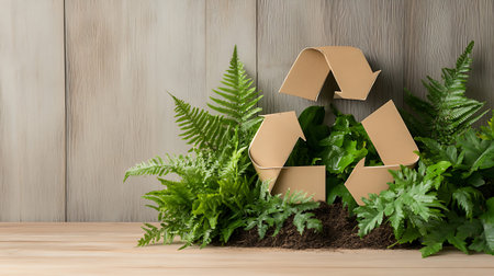 Recycling concept. Recycling symbol made of cardboard and green leaves on wooden background.