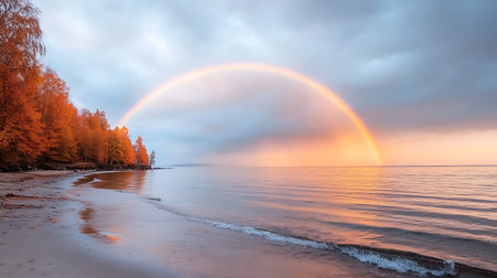 Rainbow over the lake at sunset in autumn. Beautiful nature backgroundの写真素材