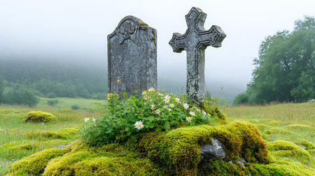 Old stone cross with daisies on the meadow in foggy dayの写真素材