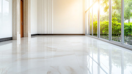 interior of empty room with white marble floor and sunlight effect.の写真素材