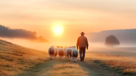 Sheep walking on a path in the countryside at sunrise. Conceptual imageの写真素材