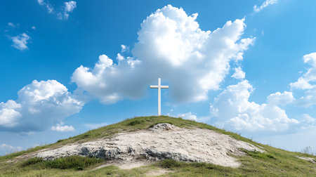Cross on the hill with blue sky and white clouds. 3d renderingの写真素材