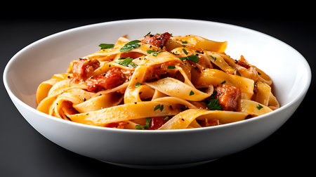 Tagliatelle pasta with bacon and parsley on black backgroundの写真素材