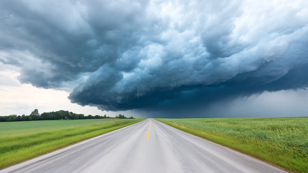 Dramatic stormy sky with rain clouds and asphalt road.