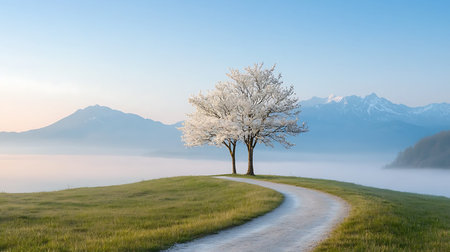 Foggy morning in the mountains with lonely tree and road.の写真素材