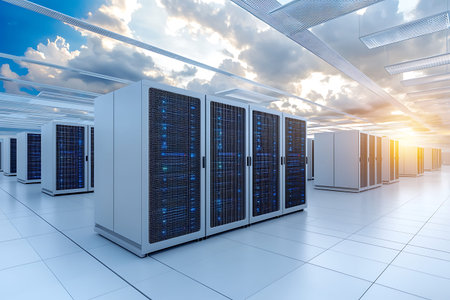 3d rendering server room or data center with servers in the sky