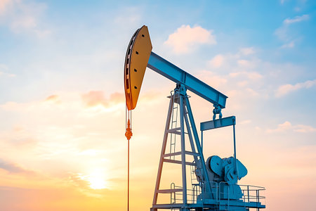 Oil pump, industrial equipment in the setting sun. 3d renderingの写真素材