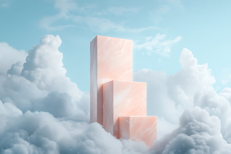 Abstract 3d rendering of pink pedestal in the blue sky with cloudsの写真素材