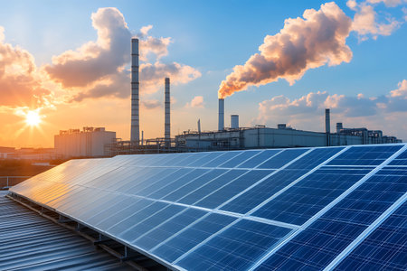 Solar panels on the roof of a power plant with a beautiful sunset