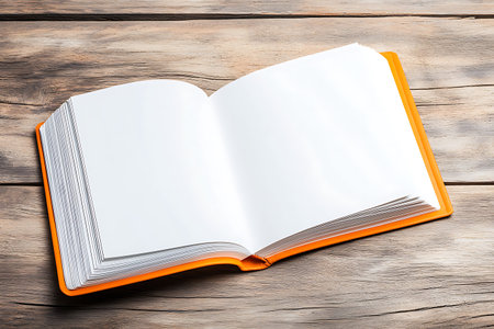 Open book on wooden table background. Top view with copy space.