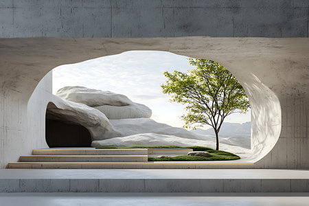 Concrete interior with green tree. Nature concept. 3D Renderingの写真素材