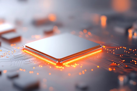 3d render of cpu with microcircuit in the background.