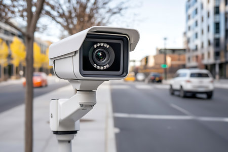 CCTV security camera on the street in the city with traffic backgroundの写真素材