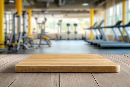Wooden board on a table in front of a fitness gym backgroundの写真素材