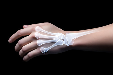 X-ray image of human hand isolated on a black background.の写真素材