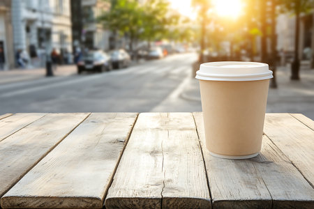 Paper cup of coffee on wooden table in front of blurred city backgroundの写真素材
