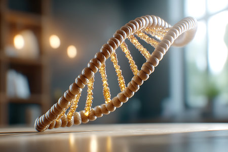 DNA strand on table in room, closeup. Biotechnology conceptの写真素材