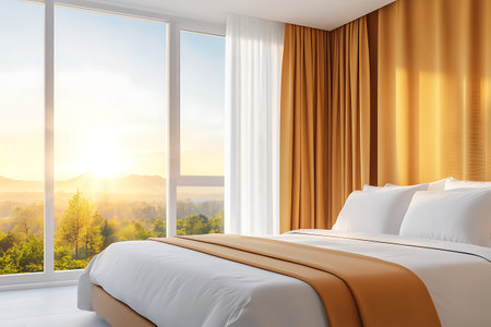 Modern bedroom interior with orange curtains, comfortable bed and window with countryside view. 3D Renderingの写真素材