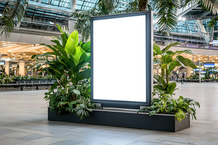 Blank advertising billboard at the airport with green plants. 3d rendering.の写真素材
