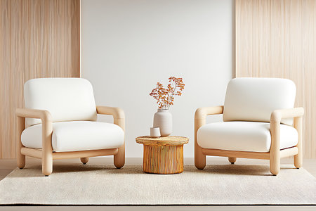 Modern living room interior with two white armchairs and vase. 3d renderの写真素材