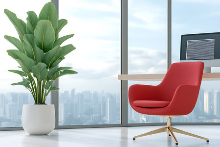Modern office interior with furniture and city view. 3D Renderingの写真素材