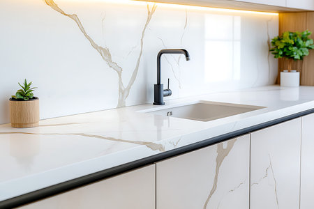 interior of modern kitchen with white marble countertop and black faucetの写真素材
