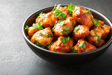 Bowl with tasty chicken meat balls and parsley on dark backgroundの写真素材