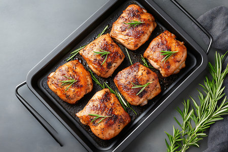 Grilled chicken fillets with rosemary on baking tray, top viewの写真素材
