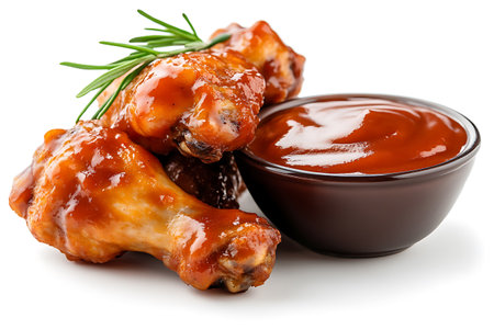Roasted chicken wings in barbecue sauce with rosemary on white backgroundの写真素材