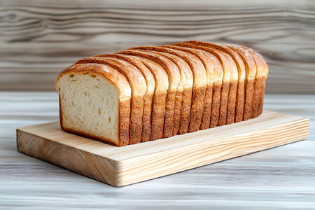 Sliced white bread on wooden cutting board on wooden background.