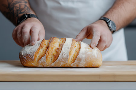 Close-up of a man's hands cutting a loaf of breadの写真素材