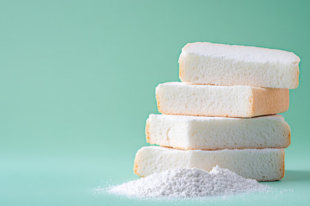 Stack of white bread with flour on green background. Copy space.の写真素材