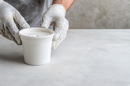 Hands in white gloves hold a jar on a marble tableの写真素材