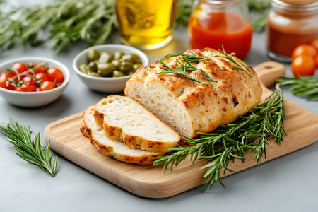 Ciabatta bread with rosemary and tomatoes on a cutting boardの写真素材