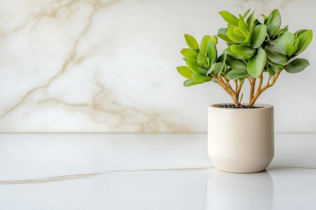 Plant in pot on white table and marble background with copy spaceの写真素材
