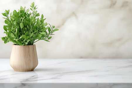 Green plant in wooden vasele table, space for textの写真素材