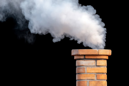 Smoke from a chimney on a black background with copy spaceの写真素材